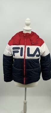 FILA Boys Size M 10-12 Colorblock Hooded Puffer Jacket Red White Navy